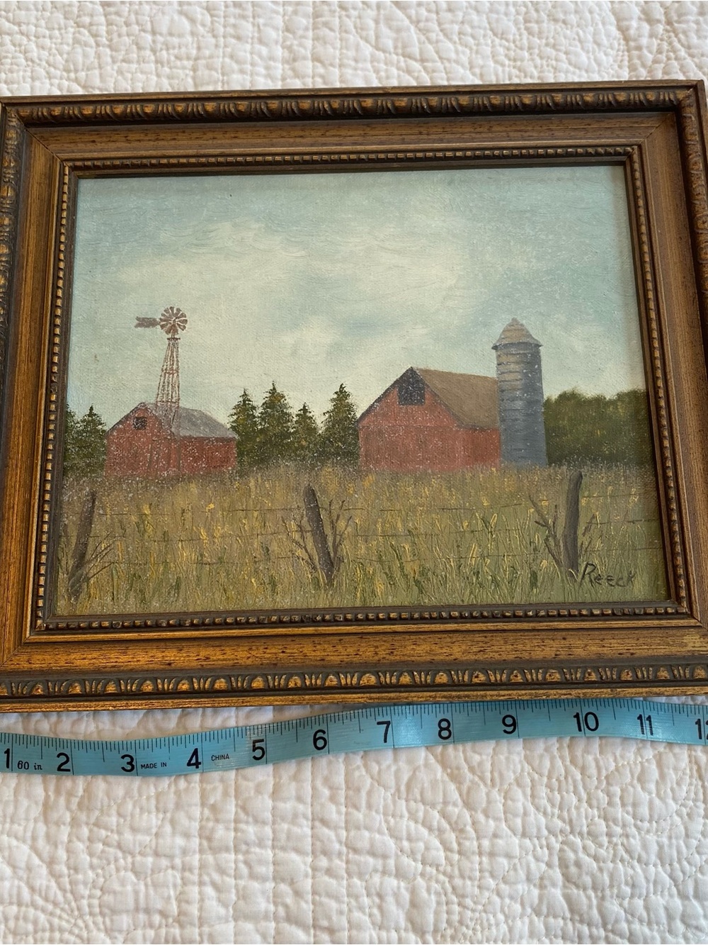 Original Rustic Barn Landscape Painting in Red and Blue Antique Vintage